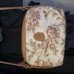 Floral Tapestry Vintage Small Purse Shoulder Bag Genuine Tan Brown Leather Trim